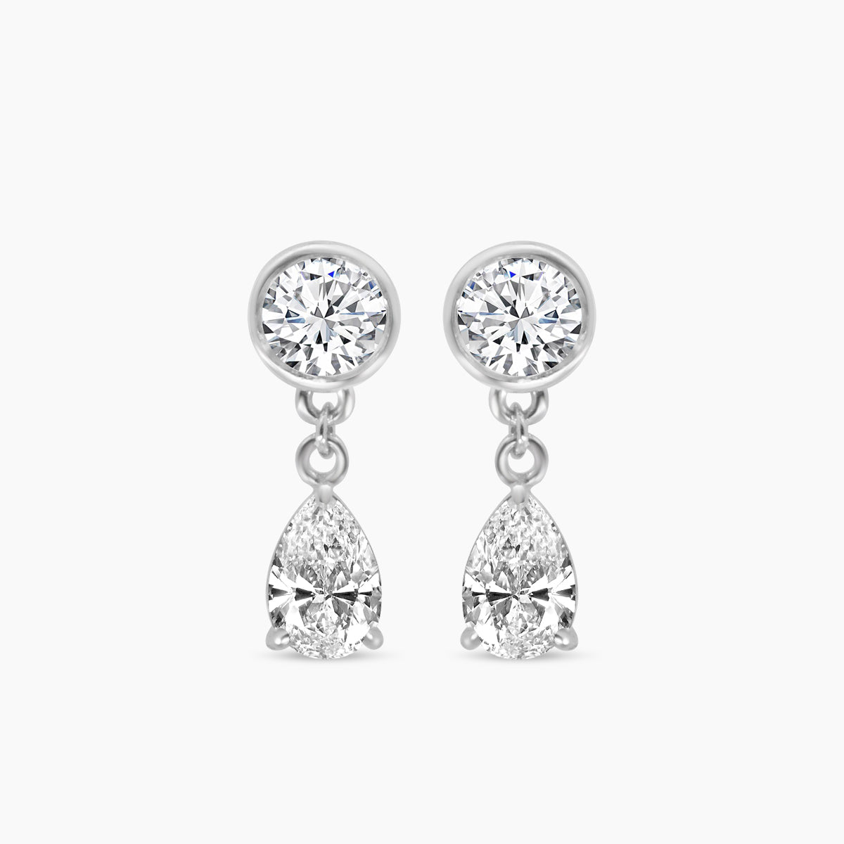 14K White Lab Grown 2.00 CTW Round and Pear Shape Diamond Drop Earring With Medium Push Back