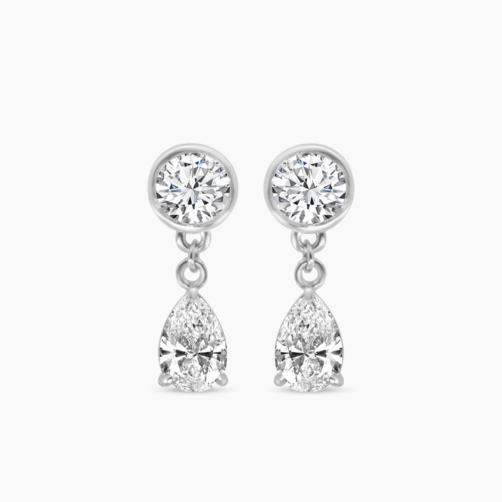 14K White Lab Grown 2.00 CTW Round and Pear Shape Diamond Drop Earring With Medium Push Back