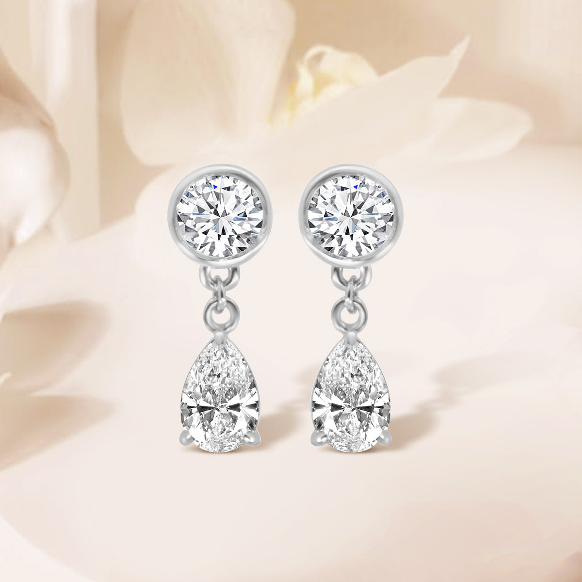 14K White Lab Grown 2.00 CTW Round and Pear Shape Diamond Drop Earring With Medium Push Back