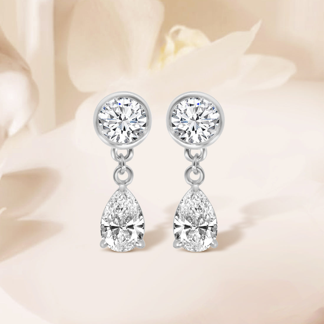 14K White Lab Grown 2.00 CTW Round and Pear Shape Diamond Drop Earring With Medium Push Back