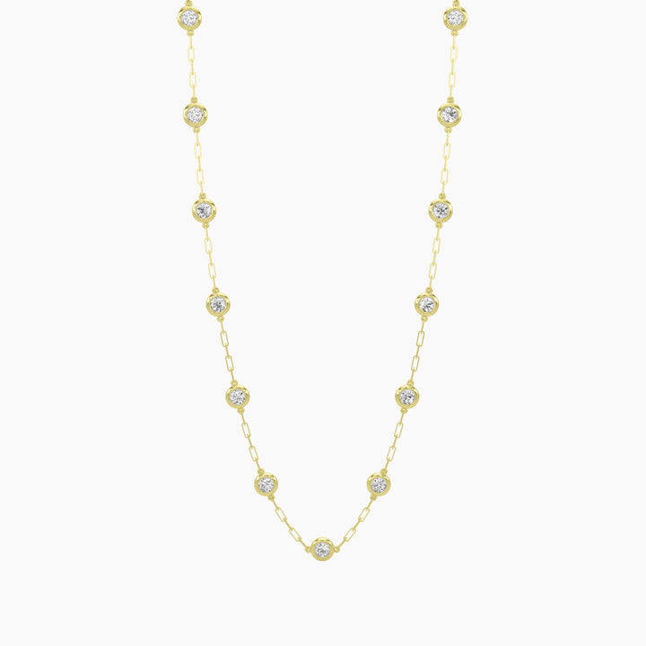 14K Yellow Classic 3.20 CTW Diamond Station Paper Clip Necklace With 13 Stones